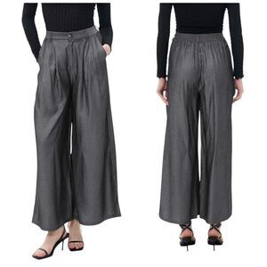 S.Deer Airy Elastic Waist Wide-Leg Chambray Dark Blue Pleated Front Trousers XXL